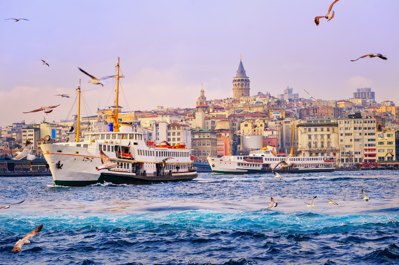 Ships crossing the Golden Horn, Istanbul, Turkey